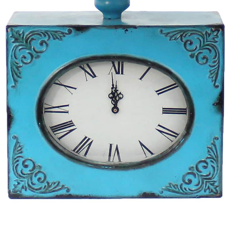 Clock Design Metal Table Lamp Set of 2 with Tapered Shade, Blue and Beige