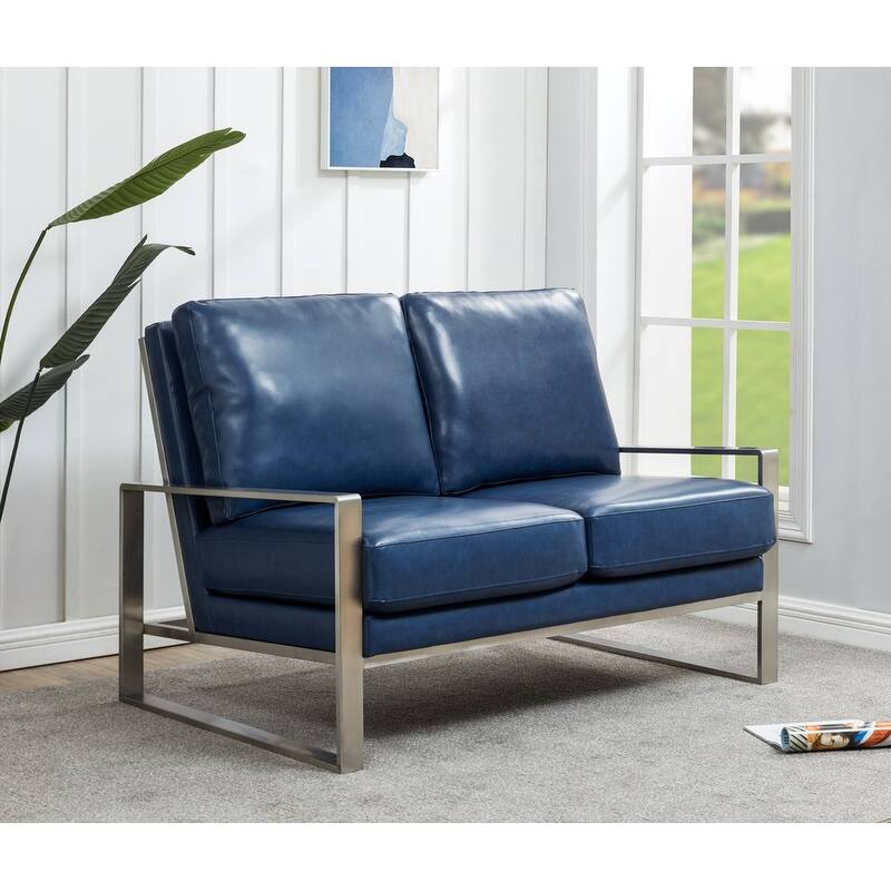 Jefferson Modern Leather Loveseat with Brushed Silver Stainless Steel Base, Removable Cushions, Sinuous Springs, Fully Assembled