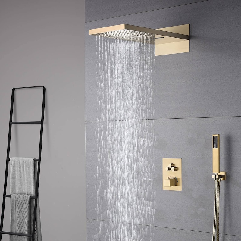 Brushed Gold 22 Inch Rainfall Water Shower Head 3 Way Thermostatic Shower Faucet Set - Brushed Gold