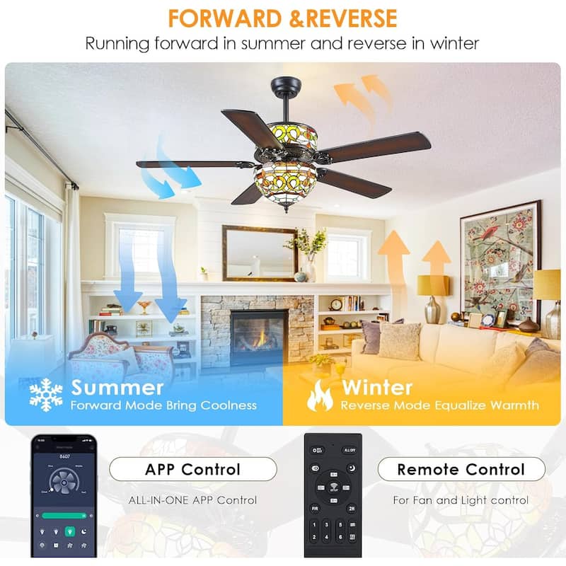 50" TiffanyTropical Ceiling Fan with 5 Palm Leaf Bllades and Vintage Cover Waterproof for Indoor and Outdoor Patio