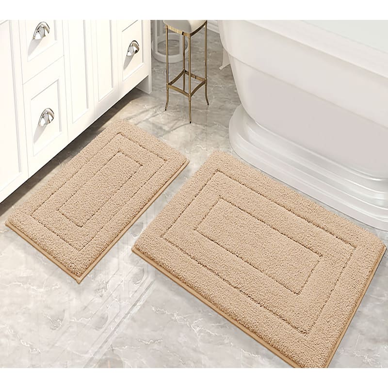 Beige 2 Piece Bordered Box Plush Soft Cozy 100% Polyester Bath Mat Set - Beige