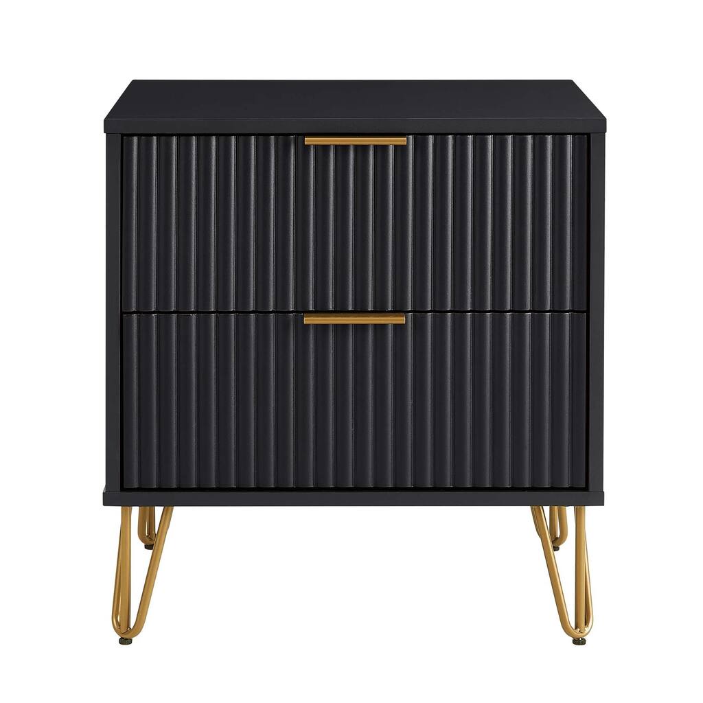 20-Inch Fluted Nightstand in Black with 2 Drawers, Gold Handles, and Splayed Legs