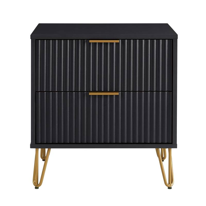 Fluted Nightstand with 2 Drawers Metal Legs Tool Free Assembly - Black