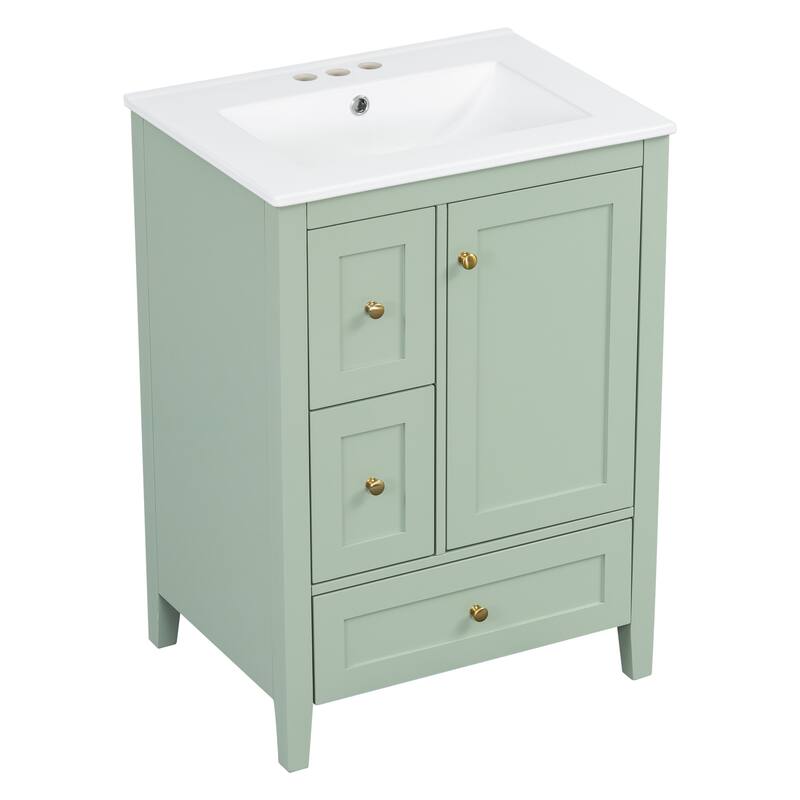 24-Inch Bathroom Vanity with Storage, Adjustable Shelf, MDF & Rubberwood, Removable Dividers, Green Finish