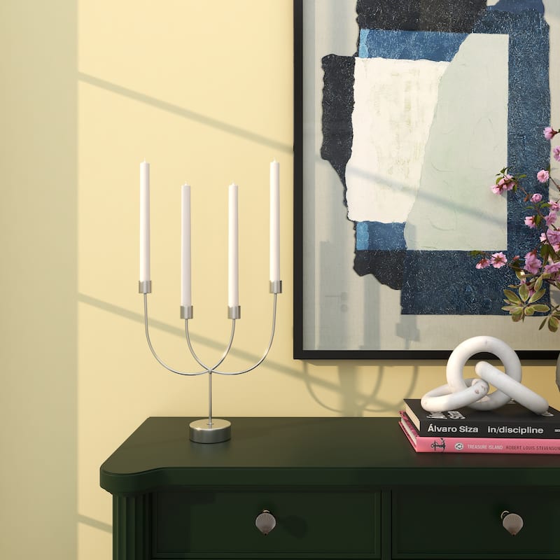 Silver Stainless Steel Metal Overlapping U-Shaped Candelabra with Round Elevated Base