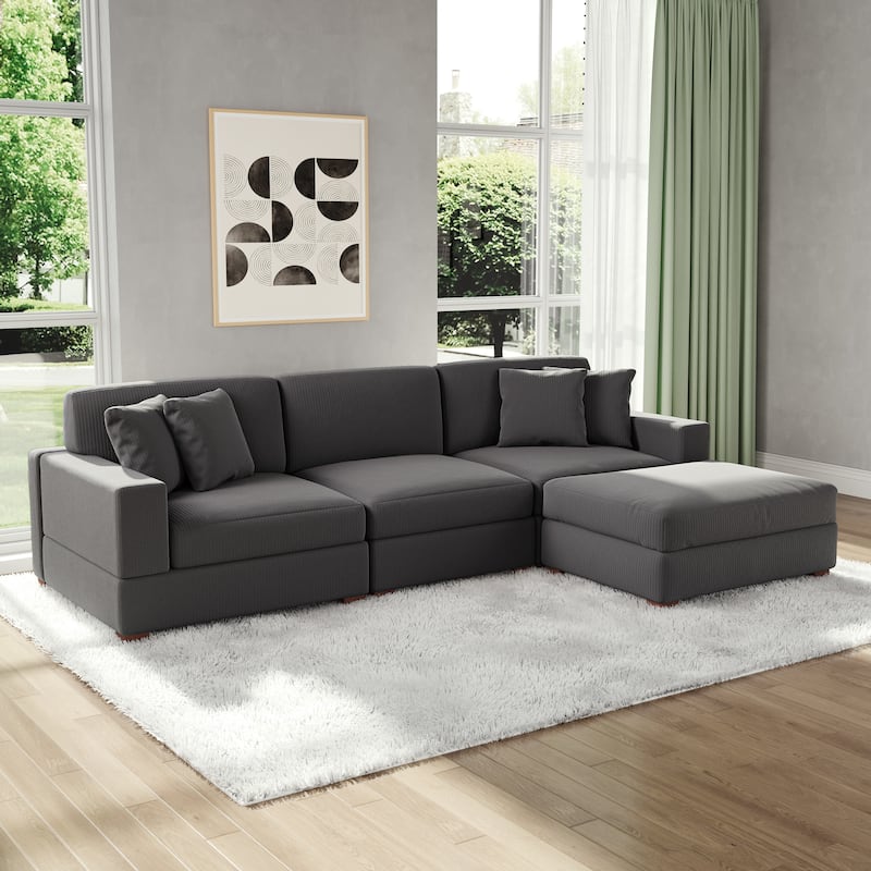 Modular Corduroy Sectional Sofa Set Chaise Couch with Ottoman