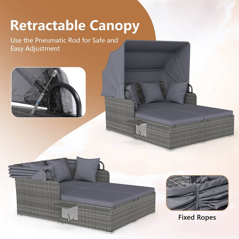 Costway Patio Rattan Daybed Lounge Retractable Top Canopy Side Tables - See Details