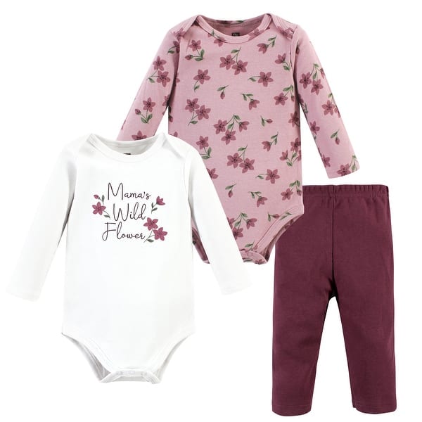 slide 1 of 1, Hudson Baby Infant Girl Cotton Bodysuit and Pant Set, Plum Wildflower Long Sleeve 0-3 Months - Plum Wildflower Long Sleeve