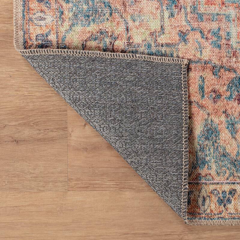 Beige Floral Medallion Washable Rug - Low Pile, Non-Slip