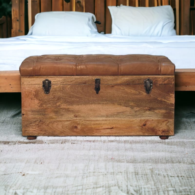 Artisan Furniture Solid Wood Buffalo Hide Oak-ish Storage Trunk, Brown with storage