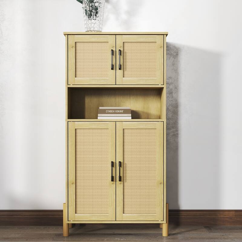 Mid-Century Modern 4-Door Storage Cabinet - Natural