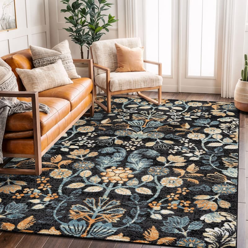 Black Multi Symmetrical Floral Stylish and Durable Area Rug - 5' x 7'