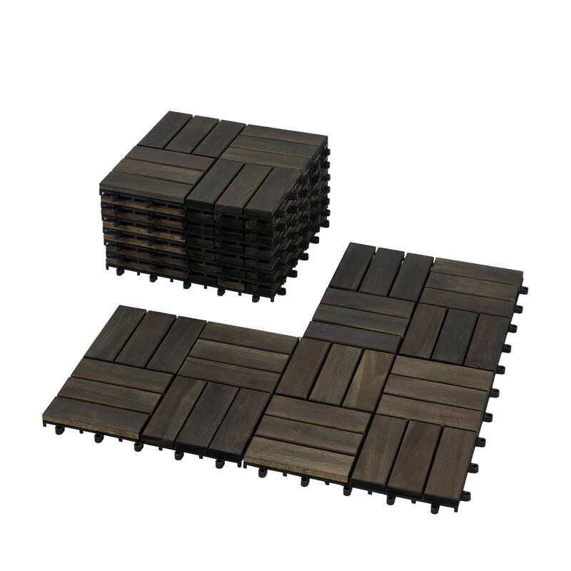 10 Piece DArk Brown Wood-Plastic 12x12in Deck Tiles Waterproof Outdoor Flooring