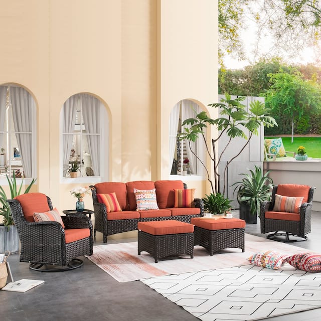 OVIOS 6-piece Rattan Wicker Patio Furniture Set Swivel Rocking Chair Set - Red/Orange