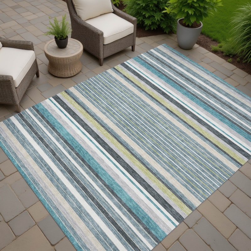 Machine Washable Indoor/ Outdoor Modern Stripes Chantille Rug - Teal - 5' x 7'6"