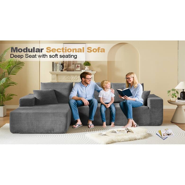 Modular Sectional Sofa with L Shape Chaise Lounge, Corduroy Upholstered 3 Seater Sofa, Deep Seat Cloud Sofa with Pillows