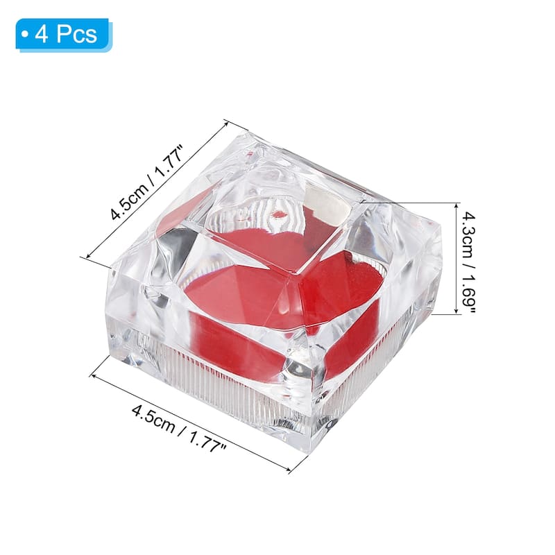 4 Pcs Clear Plastic Ring Boxes with Foam Insert for Wedding 1.8"x1.8" - Red