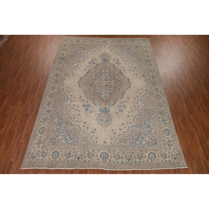 Hand Knotted Oriental 100% Wool Carpet Traditional Medallion Beige & Ivories Tabriz Area Rug - 13' 0'' X 9' 7''