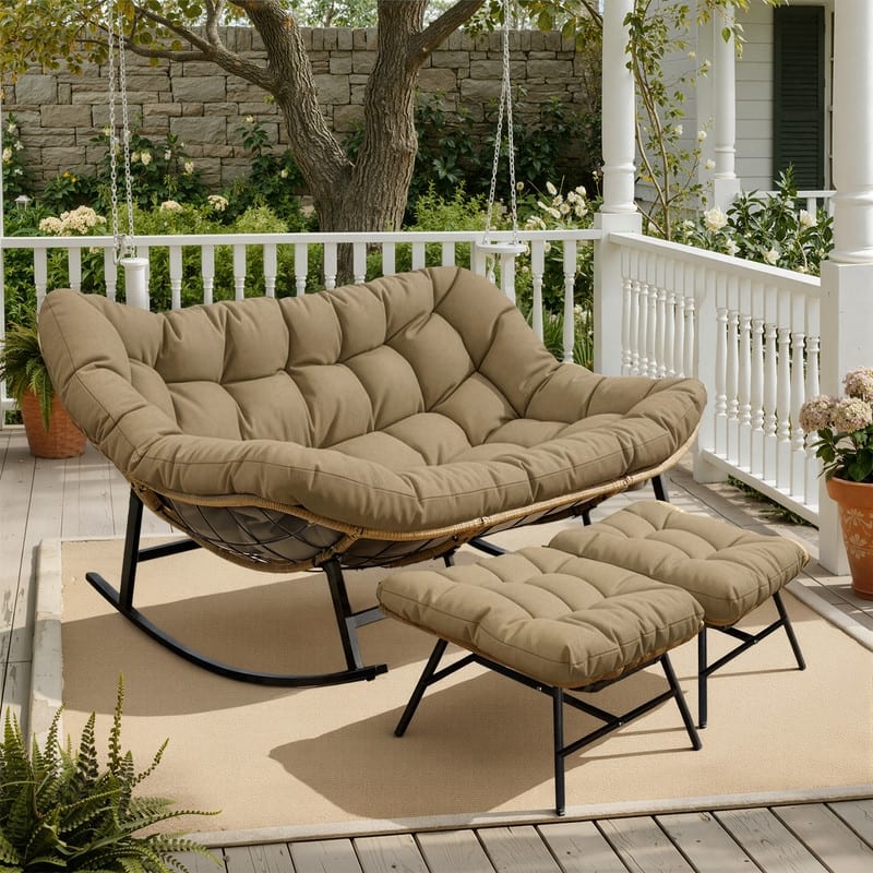 FINCATI Oversized Double Rocking Chair Outdoor Indoor, 40" D x 58" W Double Papasan Rocking Chair with Padded Cushion - 3 PCS-Brown