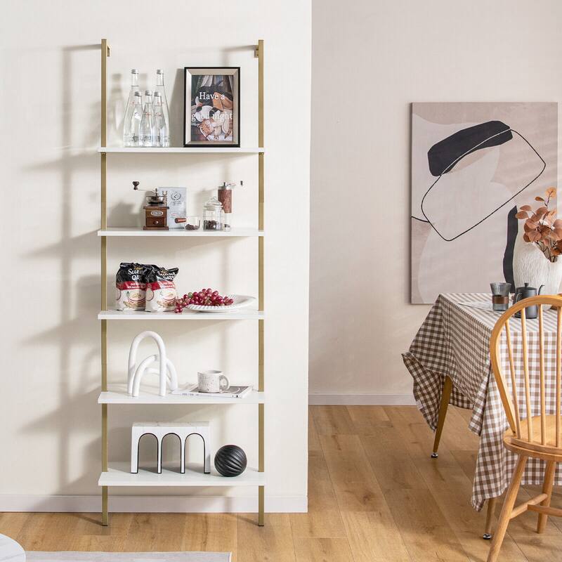 Gymax 2 PCS 5 Tier Ladder Shelf 71'' Open Wall-Mounted Bookcase w/
