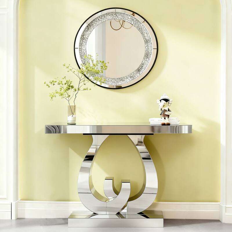 Modern Mirrored 39.37" Console Table, Glass Sofa Table with C-Shaped Base for Stylish Living Room Decor - Silver