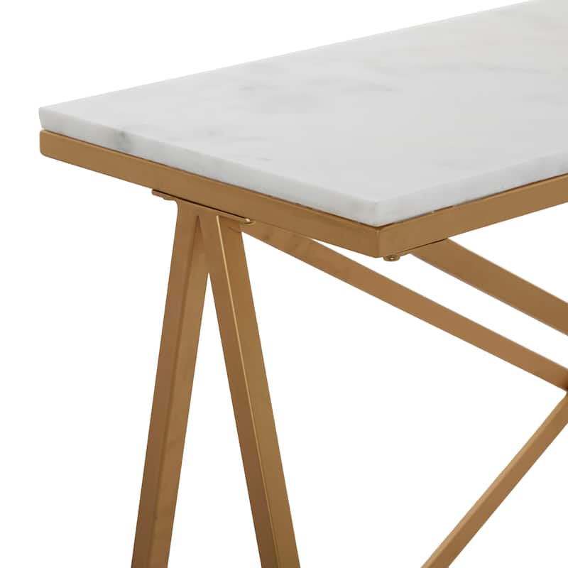 Marble Rectangular Console Table with Gold Metal Stand - White - Roche River Decor - 14"W x 47"L x 31"H
