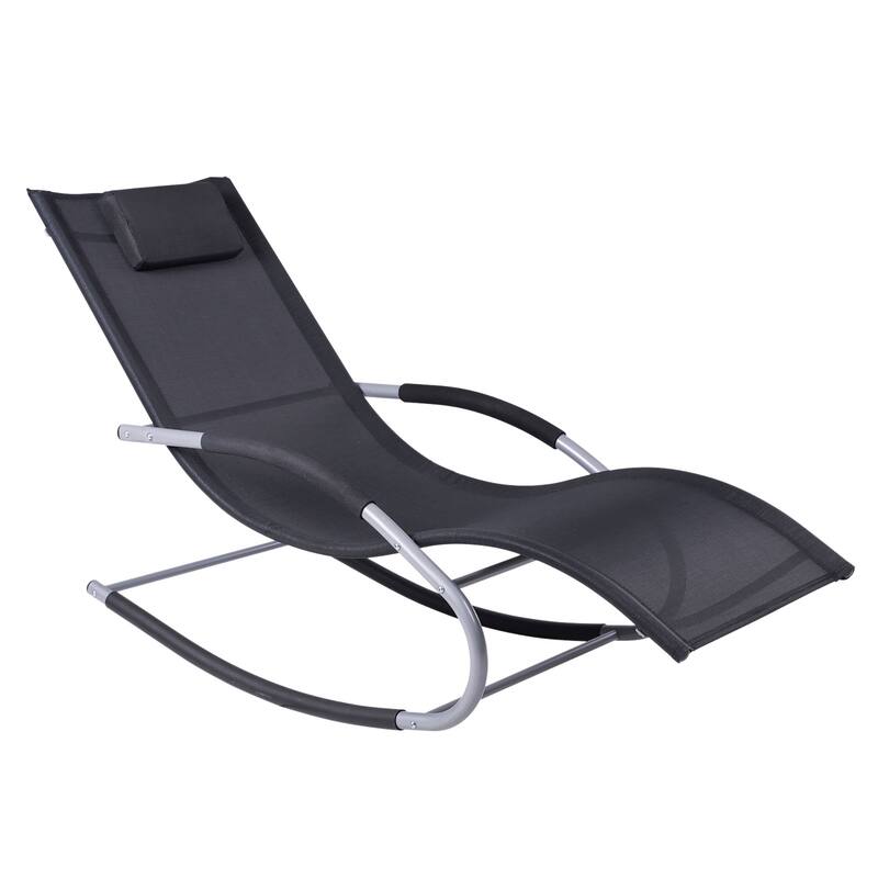 Outdoor Chaise Rocker with Detachable Pillow and Weather-Fighting Fabric, Zero Gravity Rocking Chair for Patio, Deck, Pool - Black