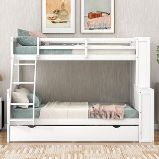 White Twin over Full Bunk Bed with Trundle and Shelves - Bed Bath ...