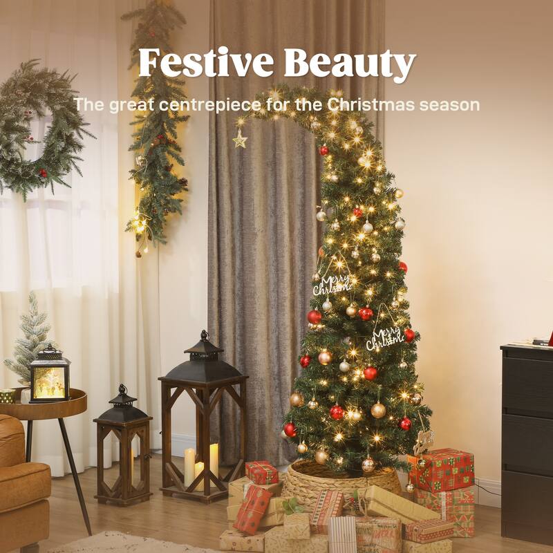 6 ft Prelit Bent Top Christmas Tree, Whimsical Xmas Tree Slim High Mountain Fir with 200 LEDs and Metal Stand