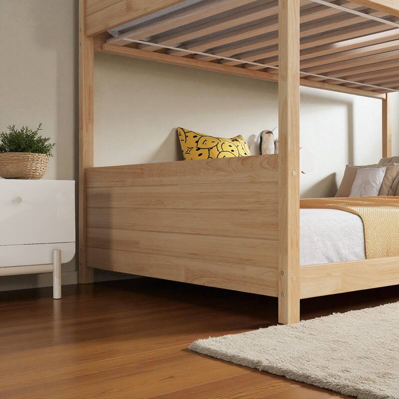 Twin Over Twin House Floor Bunk Bed with Ladder, Rubber Wood Frame with Guardrails, Headboards and Footboards for Kids