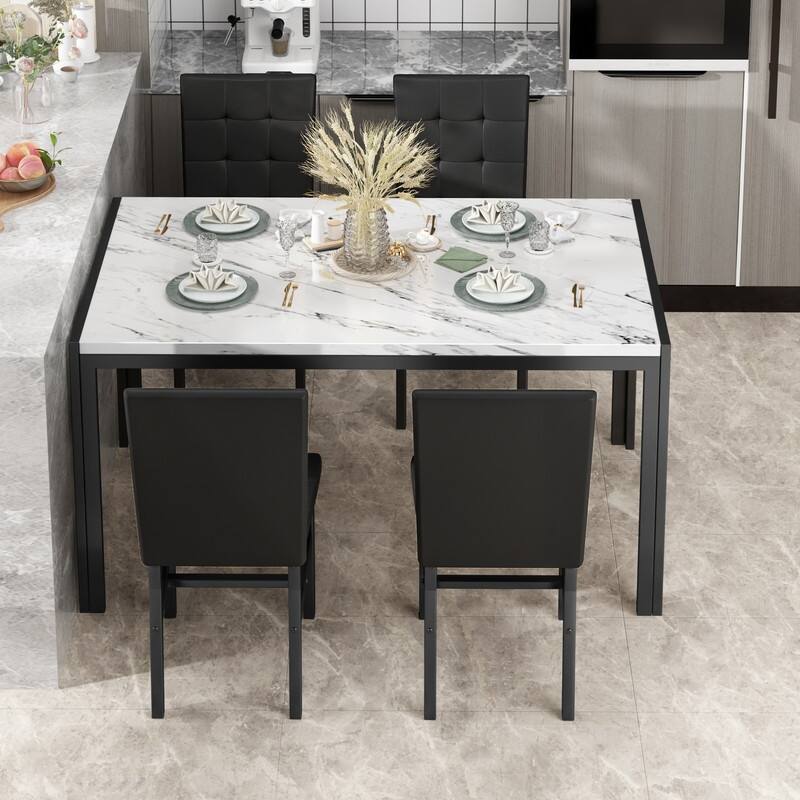 Grondin Faux Marble Kitchen Table And Chairs Set for 4, Modern Dining Room Table With 4 Armless Upholstered Dining Chairs