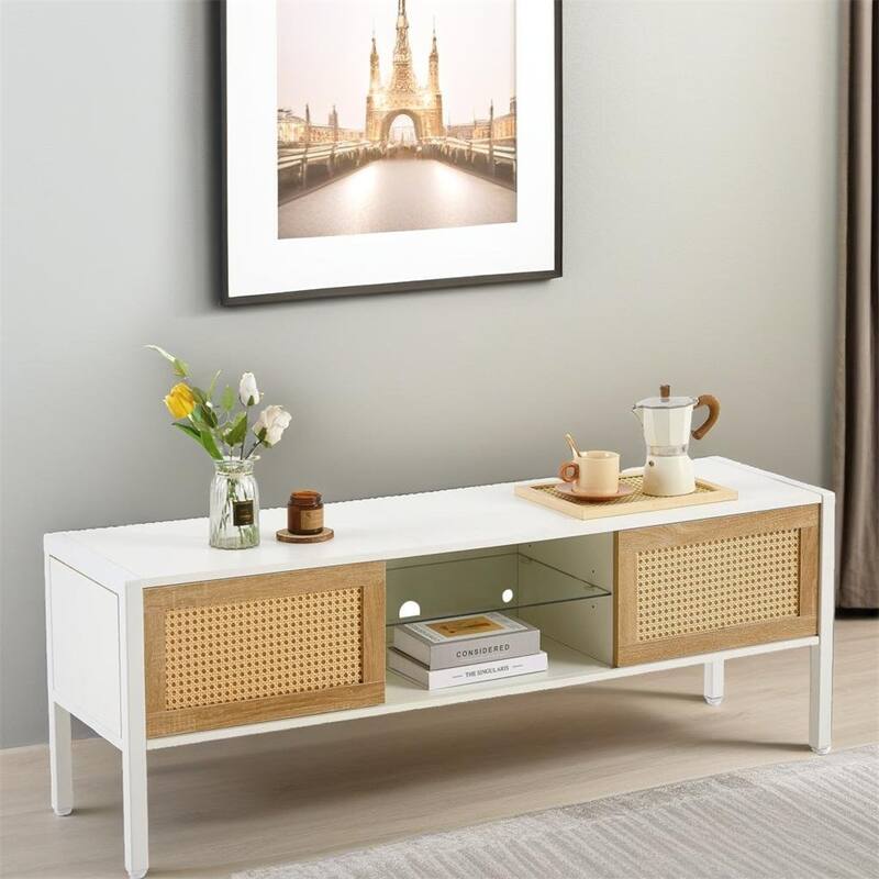 54.33" Rattan TV Console with Sliding Doors and Adjustable Shelf - 54 inches in width