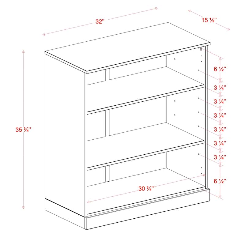 Palace Imports 100% Solid Wood 3-Shelf Bookcase, Adjustable Shelves, 32" Wide, 35.75" Tall