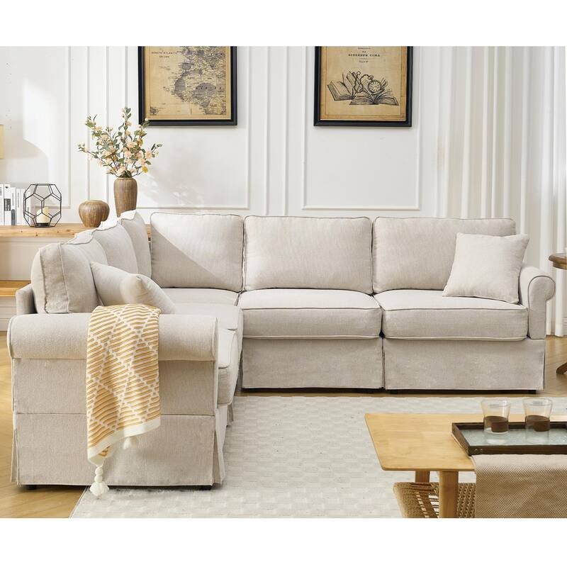 Modular Sectional Sofa Set, 5 Seat, Beige, Wood + Fabric, 94x94x36.5 inches