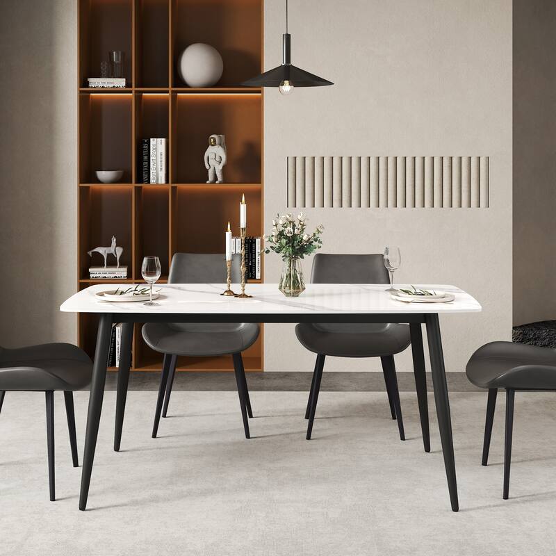 63" Rectangle Modern Kitchen Table with Sintered Stone Dining Table Top and Metal Legs