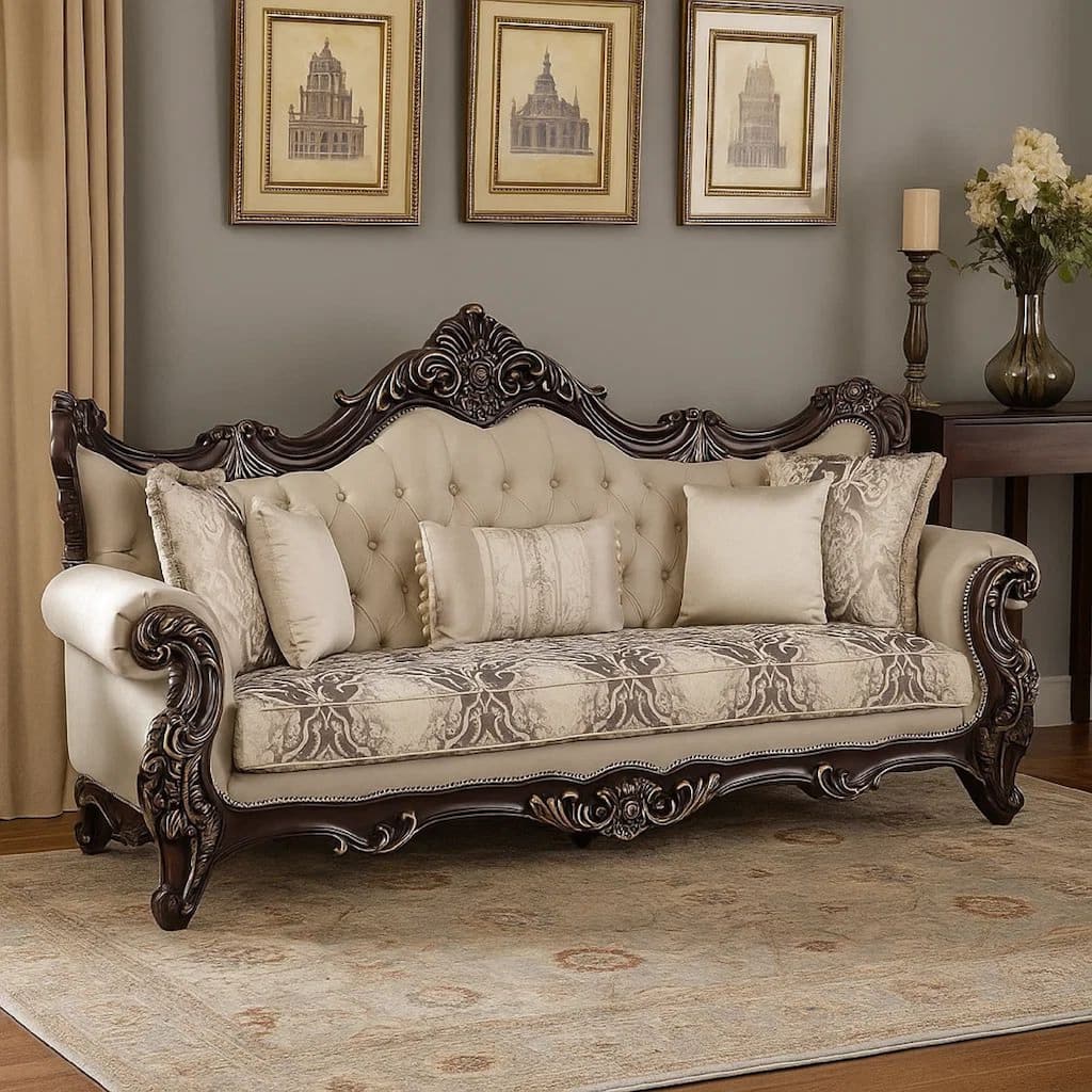 Puhi Sofa w Accent Pillows, Beige Fabric, Ornate Carved Wood, 95 Inch