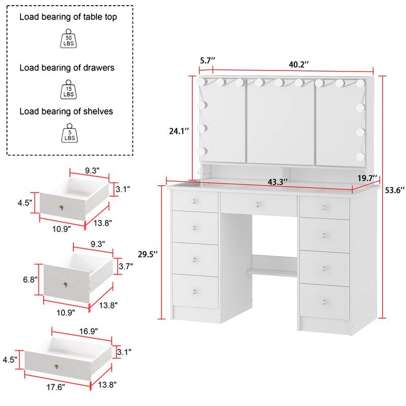 Soft-Close Adjustable Lighting Vanity Dresser Vanity Makeup Table