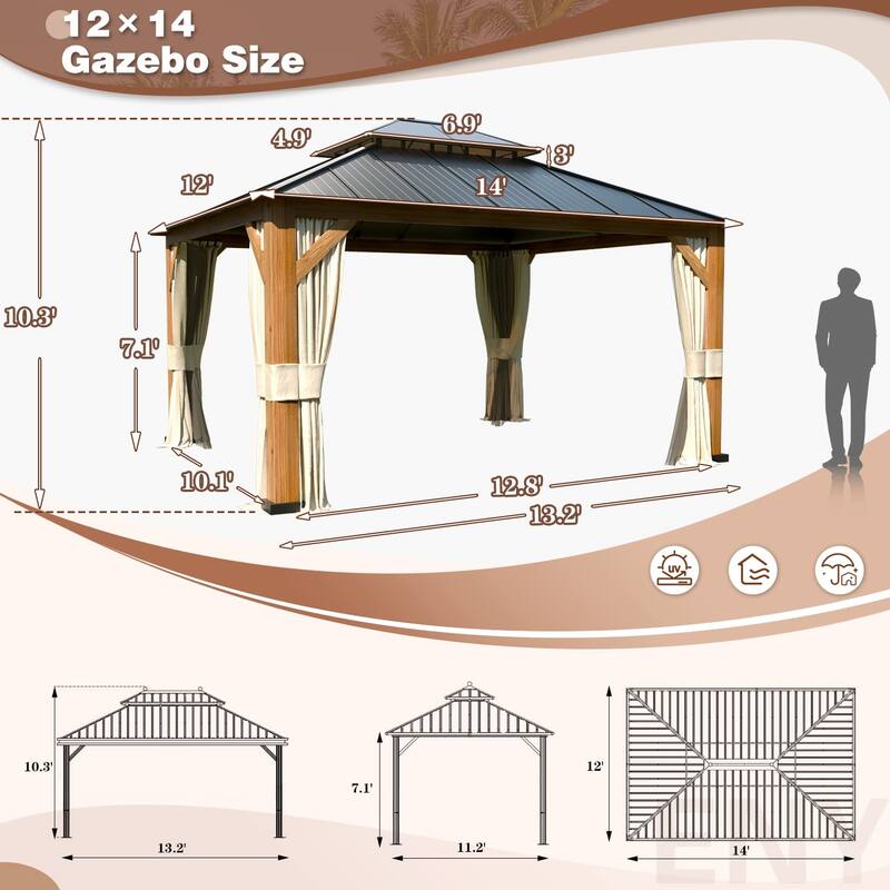 EROMMY Hardtop Gazebo Metal Gazebo with Faux Wood Grain Aluminum Frame, Outdoor Patio Gazebo Pergola