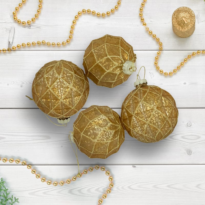 Geometric Glittered Mercury Glass Ball Christmas Ornaments - 3" (80mm) - Gold - 4ct