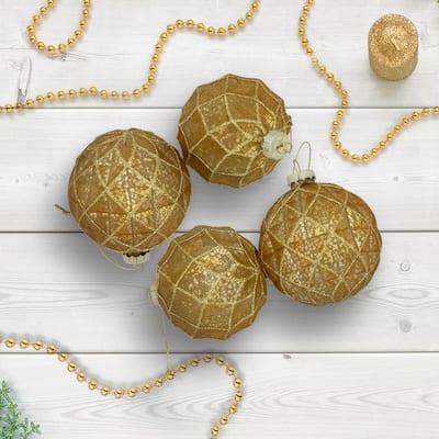 Geometric Glittered Mercury Glass Ball Christmas Ornaments - 3" (80mm) - Gold - 4ct