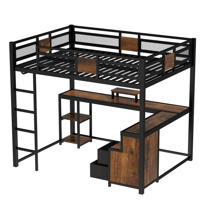 Queen Loft Bed with Desk and Storage Non-woven Fabric Drawers, Metal Loft Bed Frame with Ladders, Nosie-free