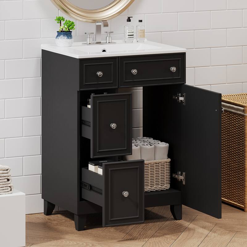 24" Bathroom Vanity Cabinet with Ceramic Sink & 2 Drawers, Bathroom Storage Cabinet Free-standing Single Sink Cabinet, Black