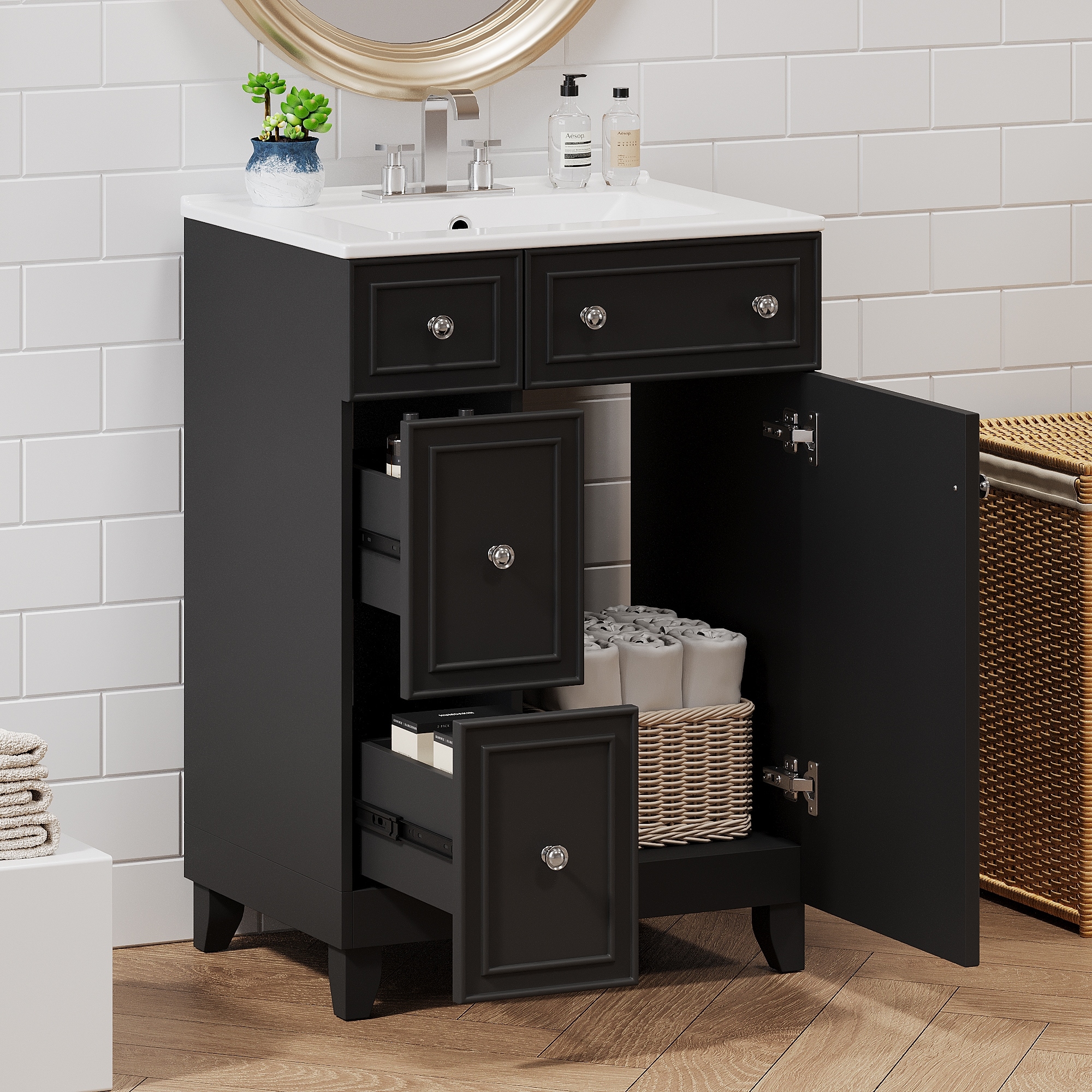 Bathroom Vanity with Sink, Small Bathroom Storage Cabinet with Ceramic Basin, Single Vanity with 2 Drawers and Door