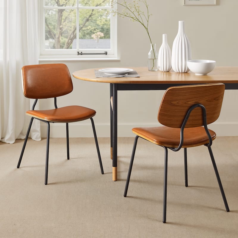 Art Leon Set of 2 Mid-century PU Leather Bentwood Dining Chairs - Brown