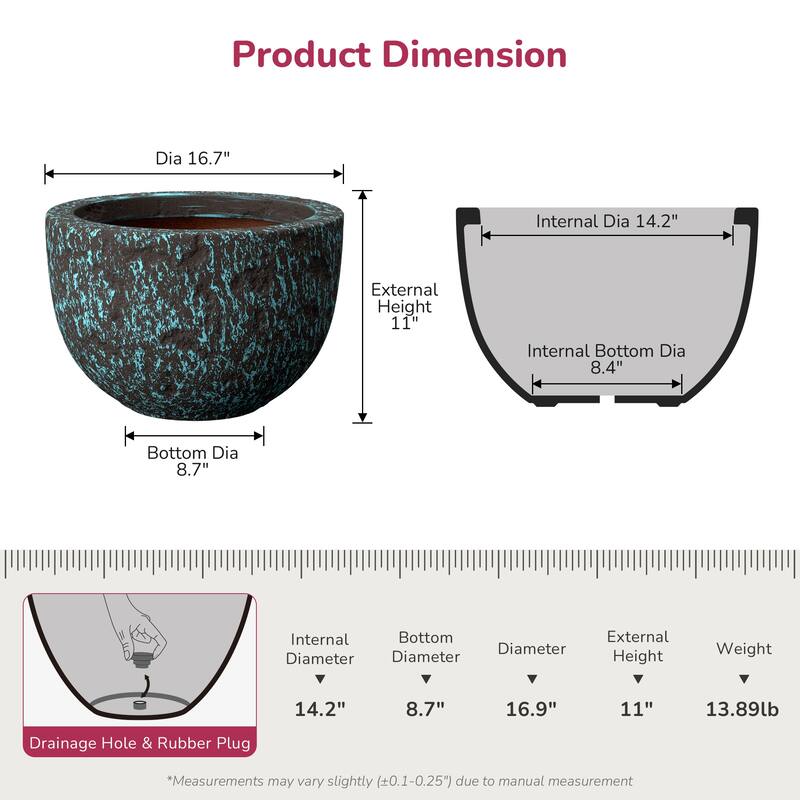 Concrete Planter Bowl Flower Pot with Enhanced Interior, Drainage Hole
