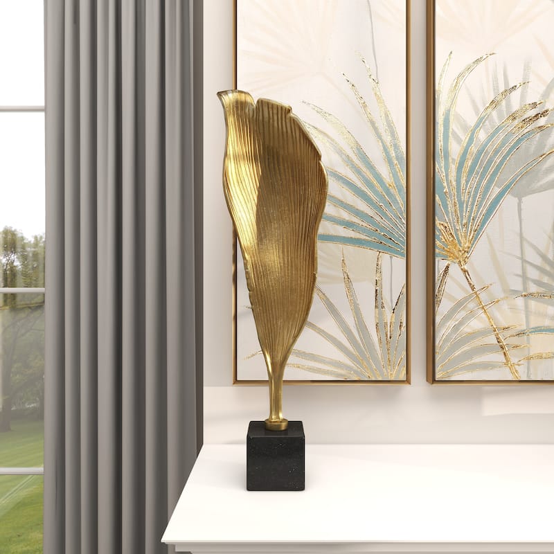 Gold Aluminum Metal Textured Leaf Abstract Sculpture with Black Marble Base