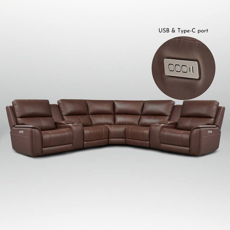 136''W 5 Seats Genuine Leather Power Reclining Double Width Brown Sectional Sofa with Zero Gravity and USB&Type-C Ports