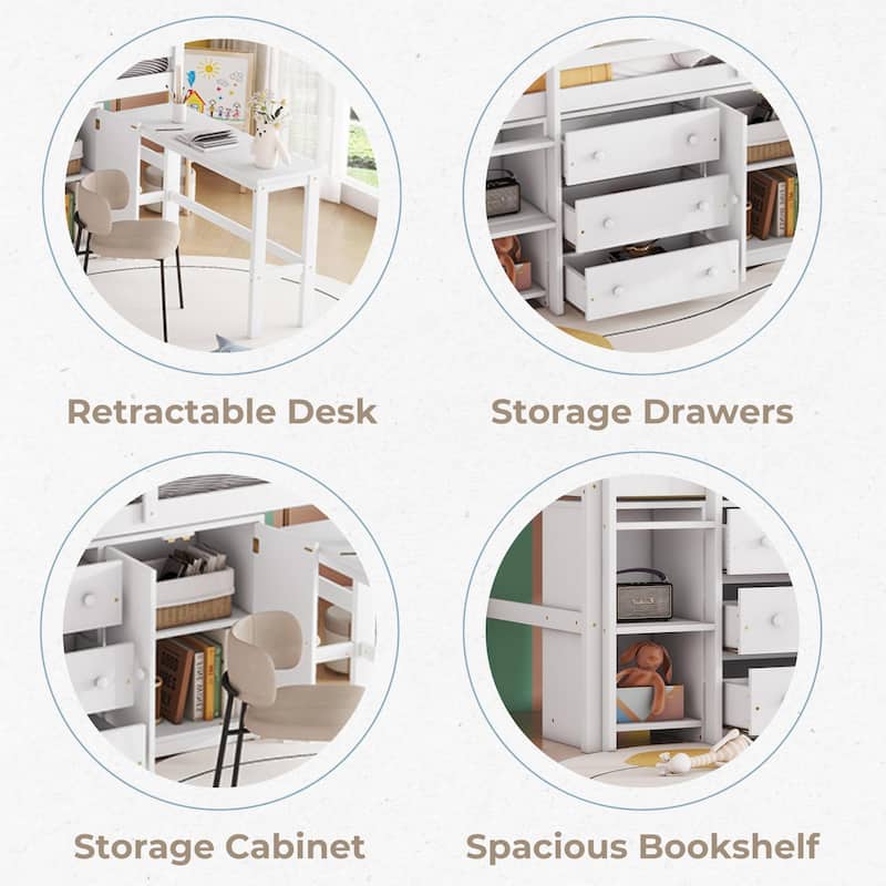Twin Loft Bed with Pull-Out Desk, Drawers, Cabinet, and Shelves for Kids