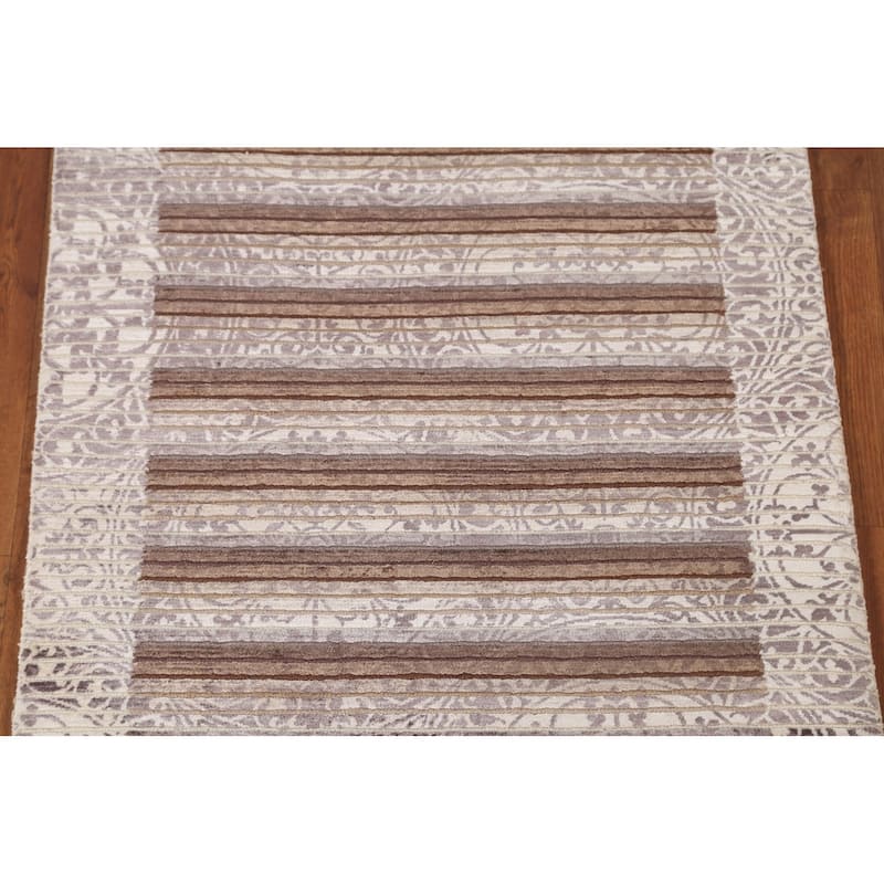 Striped Abstract Accent Rug Handmade Beige Wool Carpet - 2'8"x 4'8"