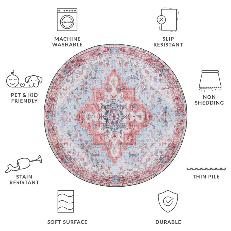 SAFAVIEH Tucson Emelia Transitional Machine Washable Rug - 6' Round - Red/Blue